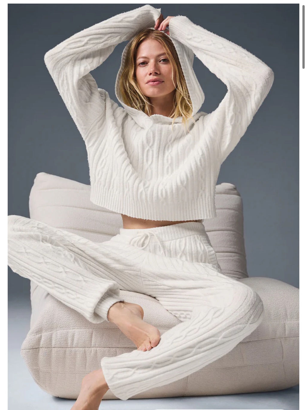 Like New Alo Cable Knit Winter Bliss Hoodie, Ivory, Size Xs